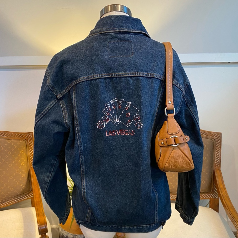Vintage 90s Distressed Denim Jean Jacket Las Vegas Rhinestone Embellishments, XL